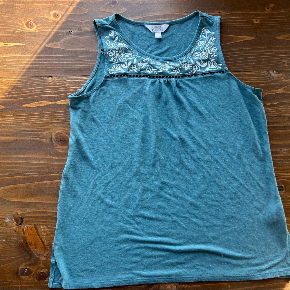 Market & Spruce Teal Embroidered Tank Top